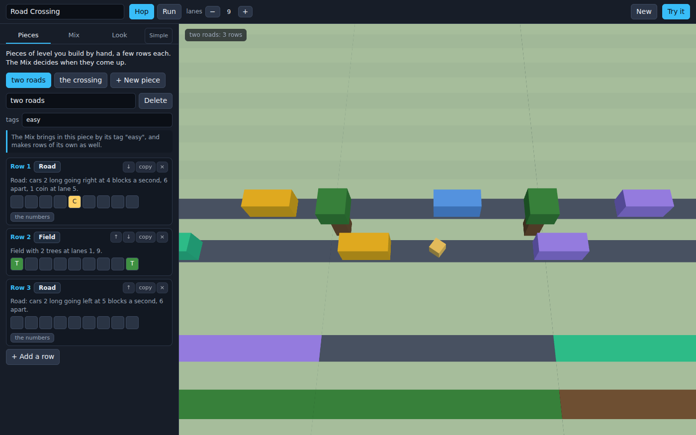 Endless Runner Maker's editor with Road Crossing: on the right, a stretch of the level from above, light green fields, two dark roads with yellow, blue, green and purple cars on them, trees standing on the grass, and a single small cube for the runner. On the left, the Pieces tab in plain words: two pieces called two roads and the crossing, and the rows of two roads, Row 1 a road with cars two long going right at 4 blocks a second and a coin at lane 5, Row 2 a field with two trees, Row 3 a road with cars going left. Across the top, Hop or Run, the number of lanes, New and Try it.
