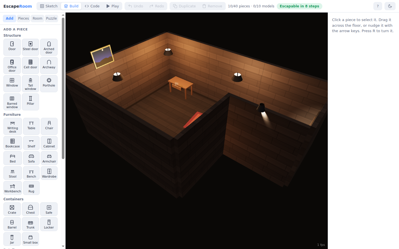Escape Room in Build mode with The Locksmith's Attic seen from above at an angle: an L-shaped room with wood-paneled walls, three hanging lamps, a framed painting, a writing desk, a red rug and a spotlight in the far corner. On the left, Add a piece: structure (doors, windows, a porthole, a pillar), furniture (a writing desk, a table, a bookcase, a bed, a rug) and containers (a crate, a chest, a safe, a locker). Across the top, Sketch, Build, Code and Play, a count of 10 of 40 pieces, and a green chip: Escapable in 8 steps.