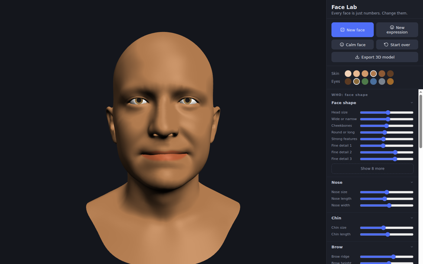 Face Lab showing a 3D head with warm brown skin and hazel eyes and a gentle closed-mouth smile. On the right, buttons for New face, New expression, Calm face and Export 3D model, rows of skin and eye color swatches, and face shape sliders such as Head size, Wide or narrow and Cheekbones, with Nose, Chin, Brow, Ears and Cheeks sections below.