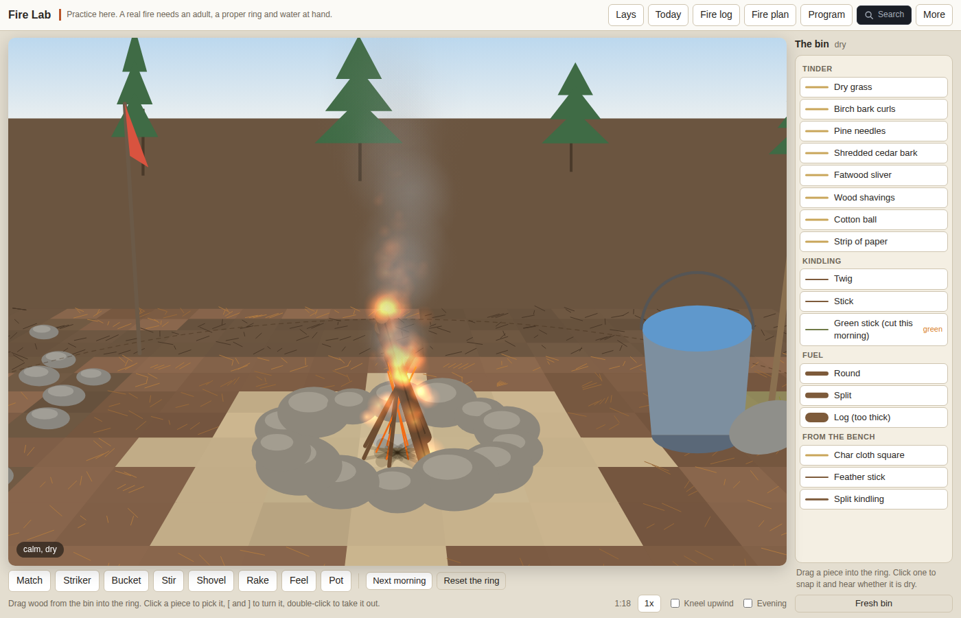 Fire Lab from the edge of a clearing: a stone ring on bare soil with a teepee of twigs and sticks burning in it, a bucket of water and a shovel to the right, a small wind flag to the left, pines and a strip of sky behind. On the right, the bin: tinder, kindling and fuel.