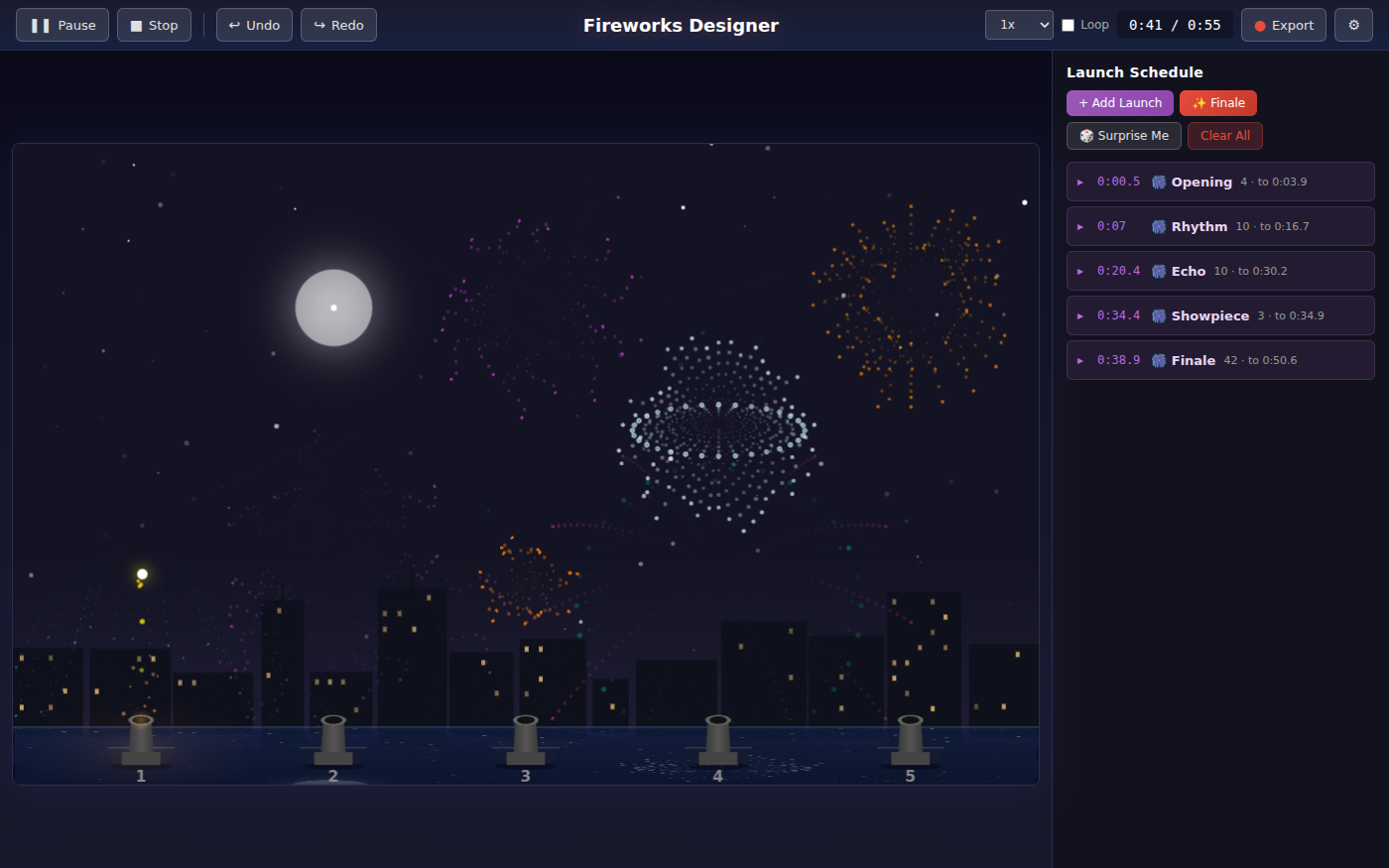 Fireworks Designer mid-show: a dark night sky over a city skyline and a lake, with five launchers along the shore, a full moon, a silver ring-shaped burst in the center, an orange chrysanthemum to the right and purple sparks fading on the left. On the right, the Launch Schedule lists the show's movements: Opening, Rhythm, Echo, Showpiece and Finale.