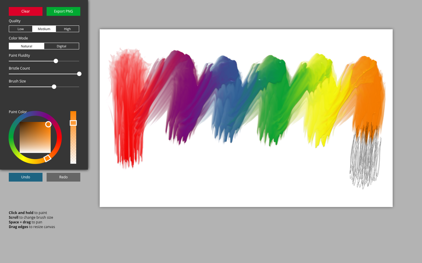 Fluid Paint with a rainbow of thick, streaky brush strokes across a white canvas: red, purple, blue, green, yellow and orange, each dragged into the next so the edges blend. The left panel has Clear and Export PNG buttons, Quality and Color Mode switches, sliders for Paint Fluidity, Bristle Count and Brush Size, and a color wheel.
