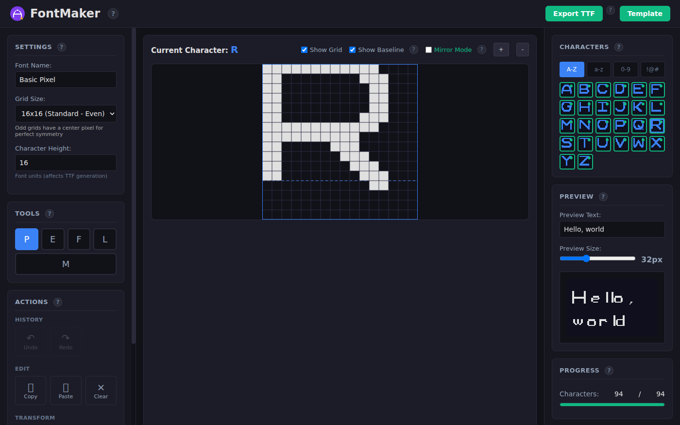 FontMaker with the letter R open on a 16 by 16 grid of squares, drawn in white pixels with a dashed baseline near the bottom. On the right, a Characters panel shows A to Z, each marked as designed, and a Preview panel reads Hello, world in the pixel font. A progress bar shows 94 of 94 characters.
