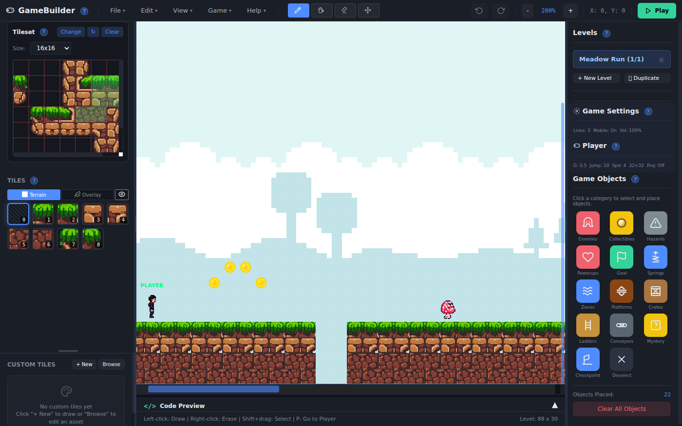 GameBuilder open on a starter level: a grassy meadow with a pit, gold coins over the grass, the player on the left and a red mushroom enemy on the right, with the tile palette on the left and the object buttons on the right.