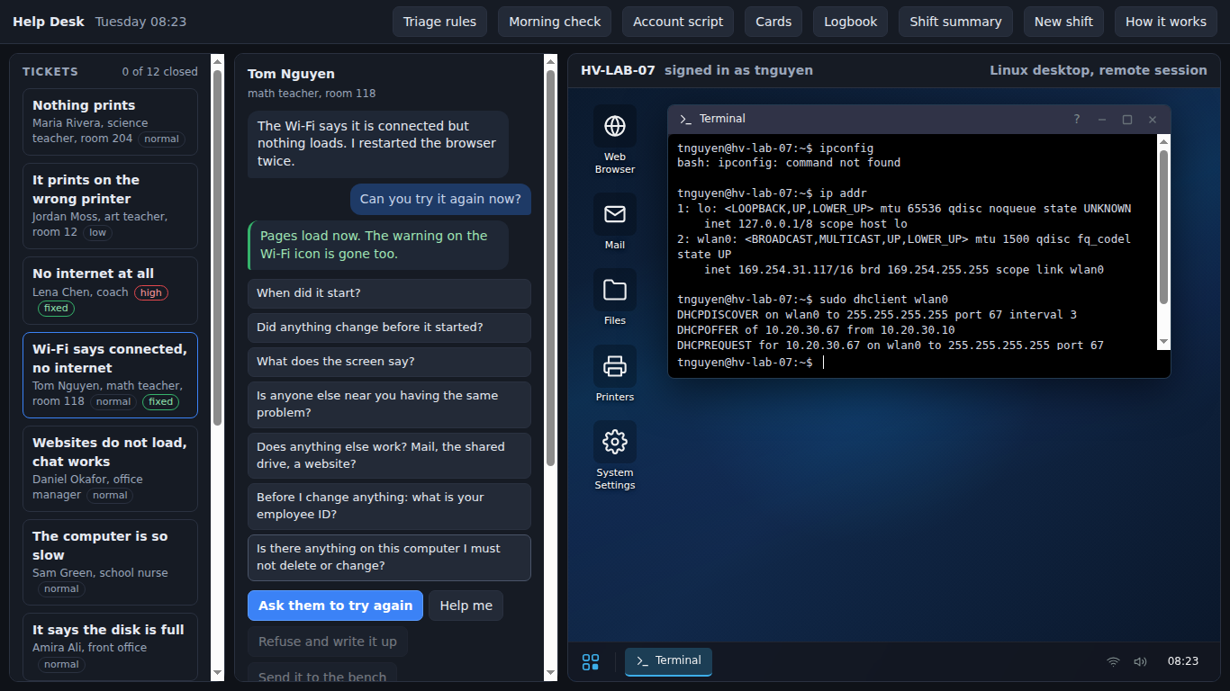 The Help Desk with the ticket Wi-Fi says connected, no internet open. Across the top: Triage rules, Morning check, Account script, Cards, Logbook, Shift summary. On the left, the queue of tickets. In the middle, Tom Nguyen's message and the questions a student can ask. On the right, the teacher's Linux laptop with a Terminal window: ipconfig is not found, ip addr shows an address starting 169.254, and sudo dhclient wlan0 gets a real address from the office server.