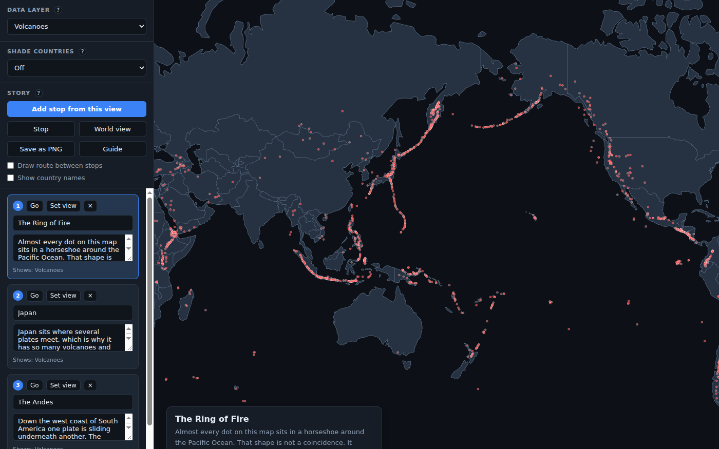Map Story playing a tour of the Pacific: red volcano dots trace a horseshoe from New Zealand up through Indonesia, Japan and Alaska and down the coast of the Americas. A caption at the bottom reads The Ring of Fire. The left panel shows the data layer set to Volcanoes and a list of story stops: The Ring of Fire, Japan and The Andes.