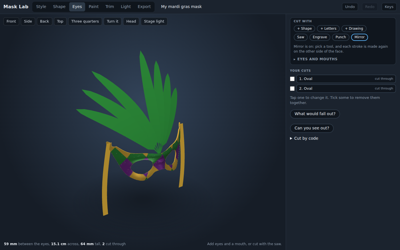 Mask Lab's Eyes bench with a purple, green and gold Mardi Gras mask in 3D with feathers on top and ribbons hanging from its sides; the bench lists eye pairs and mouths to add, the hand tools, and Can you see out?