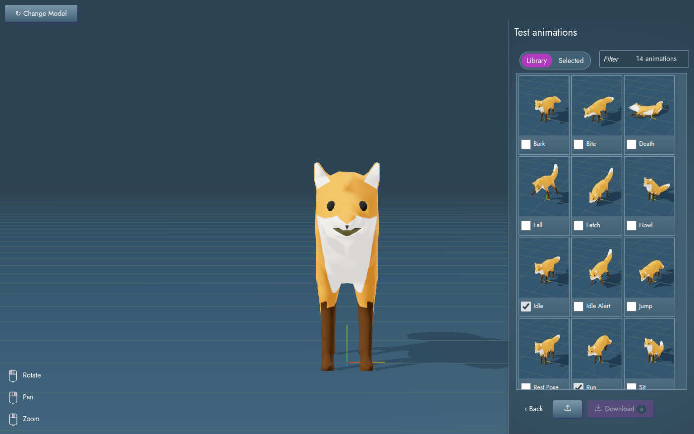 Mesh2Motion with a low-poly orange fox standing on a grid in the middle of a 3D view, facing the camera. A Test animations panel on the right shows the fox's animations as a grid of picture tiles, each with a checkbox, with Idle and Run checked among the ones in view. Library and Selected tabs and a Filter box reading 14 animations sit above the grid, and Back, an upload button and a Download button marked 3 sit below it. A Change Model button is at the top left, and Rotate, Pan and Zoom hints are at the bottom left.