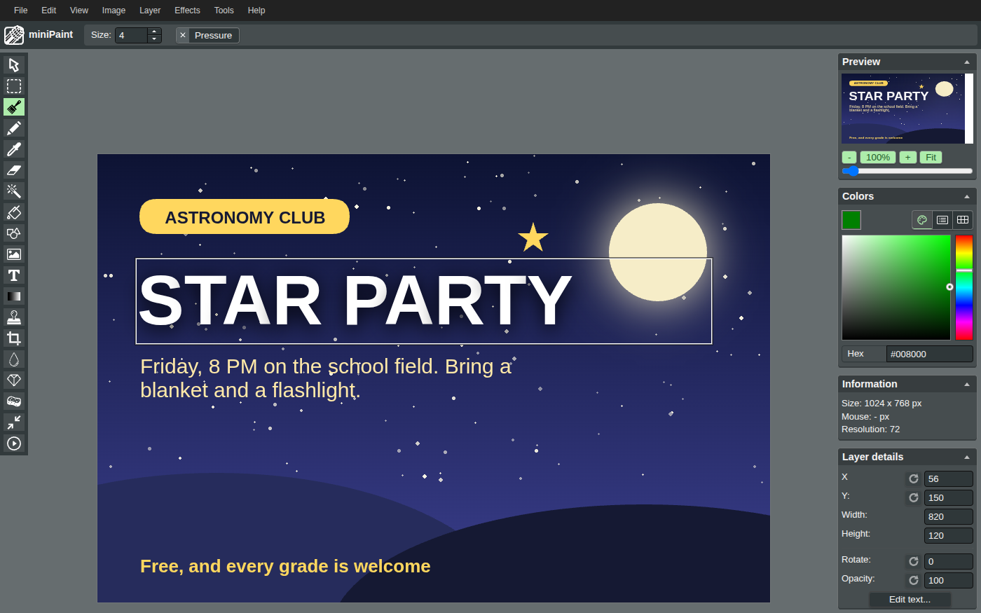 miniPaint with a menu bar across the top (File, Edit, View, Image, Layer, Effects, Tools, Help), a column of tool icons down the left, and panels on the right for Preview, Colors, Information and Layer details. In the middle, a poster on a dark blue night sky full of small stars: a yellow ASTRONOMY CLUB badge, the words STAR PARTY in large white letters, a line saying Friday, 8 PM on the school field, bring a blanket and a flashlight, a glowing pale moon and a small gold star at the upper right, and two dark hills along the bottom with the words Free, and every grade is welcome.