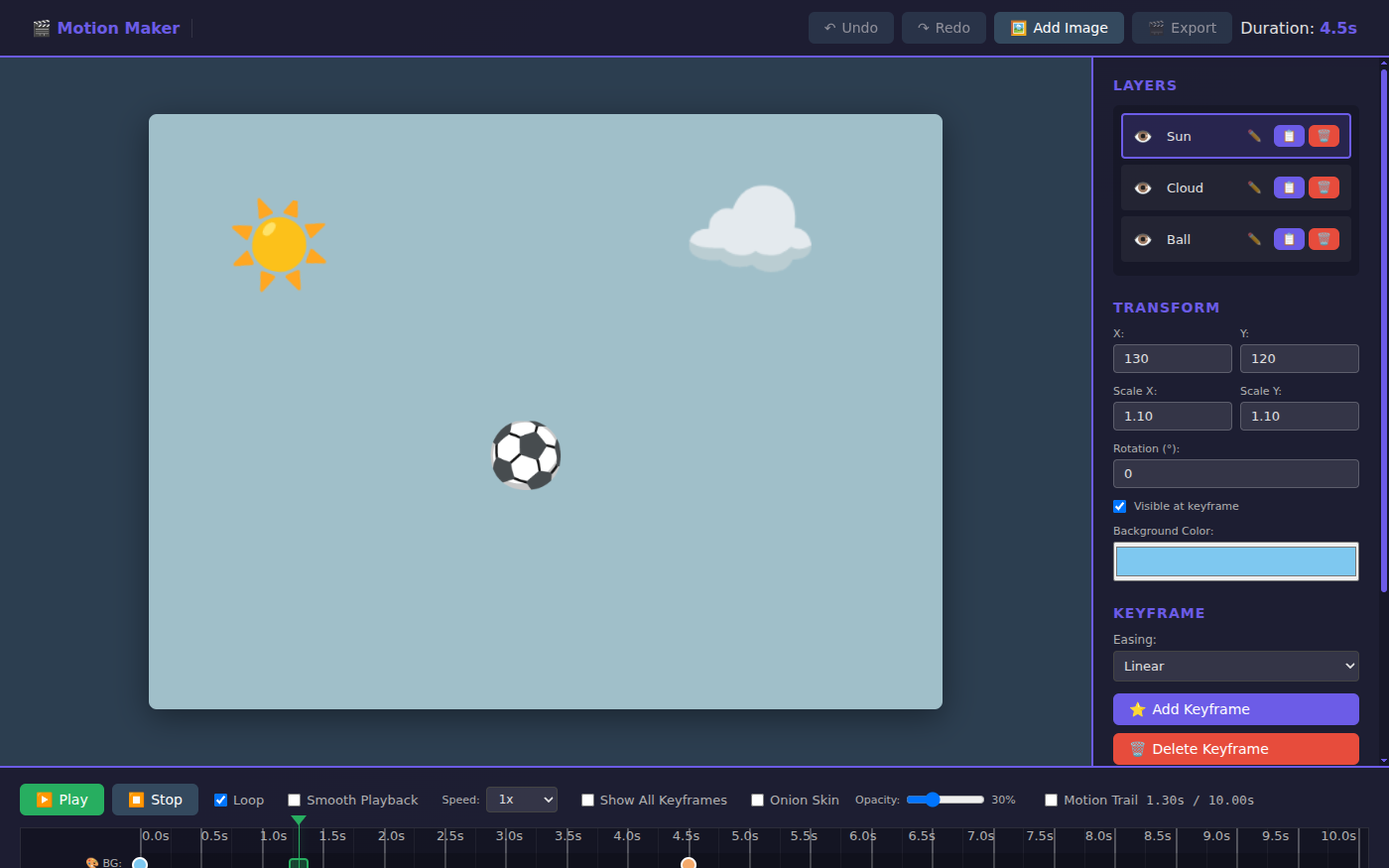 MotionMaker with a small scene on its stage: a sun at the top left, a cloud at the top right and a soccer ball partway through its drop. On the right, a Layers list with Sun, Cloud and Ball, the position and scale of the selected layer, and an Easing menu set to Linear. A timeline with playback controls runs along the bottom.