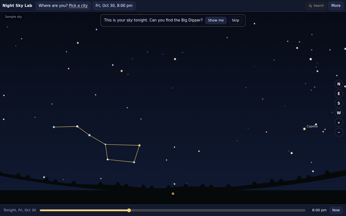Night Sky Lab facing north over the sample city at 8 pm: the Big Dipper's seven stars joined by gold lines low over a dark treeline, Capella labeled to the right, compass buttons down the right edge, a guide card at the top asking 'This is your sky tonight. Can you find the Big Dipper?', and a time strip along the bottom set to 8:00 pm.