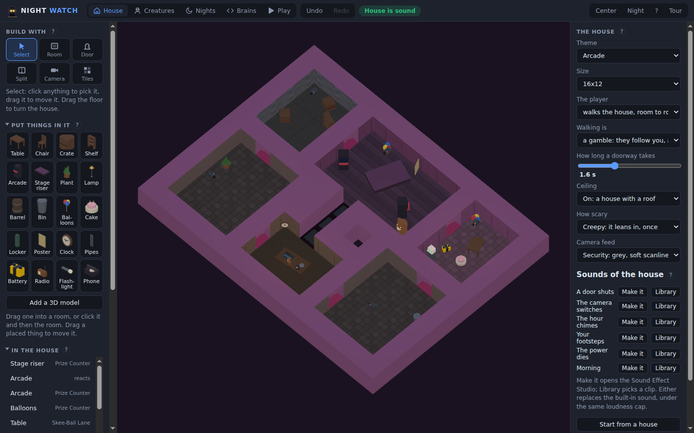 Night Watch's House tab with The Boardwalk Arcade template: an arcade seen from above at an angle, purple walls round five rooms with checkered floors, arcade cabinets, a stage riser, balloons, a cake, a crate and a security desk, all in the dark. On the left, Build with: Select, Room, Door, Split, Camera and Tiles, and things to put in it, from a table and a chair to an arcade cabinet, balloons, a battery and a flashlight. On the right, the house's settings: theme Arcade, size 16x12, the player walks the house room to room, how scary Creepy, and the sounds of the house, each one made in the Sound Effect Studio or picked from the library.