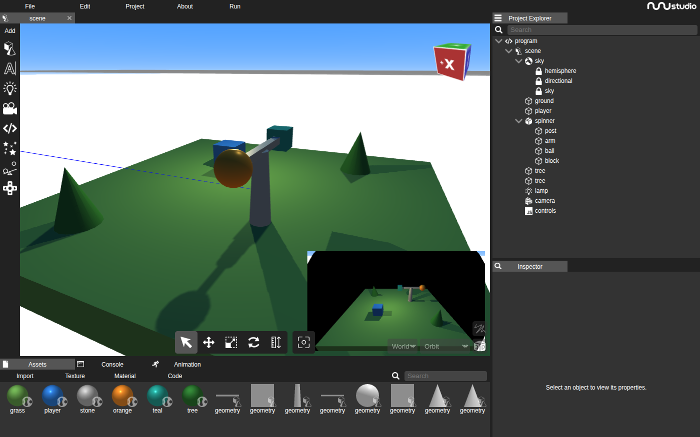 The nunuStudio editor in dark gray. A menu bar across the top reads File, Edit, Project, About and Run. The large scene view shows a square of green grass under a blue sky, a blue cube near the front, two dark green cone trees, and a gray post with a crossbar holding an orange ball at one end and a teal block at the other. On the right, the Project Explorer lists the scene's objects, with post, arm, ball and block tucked under spinner, and the Inspector sits below it. Assets and Console tabs run along the bottom.