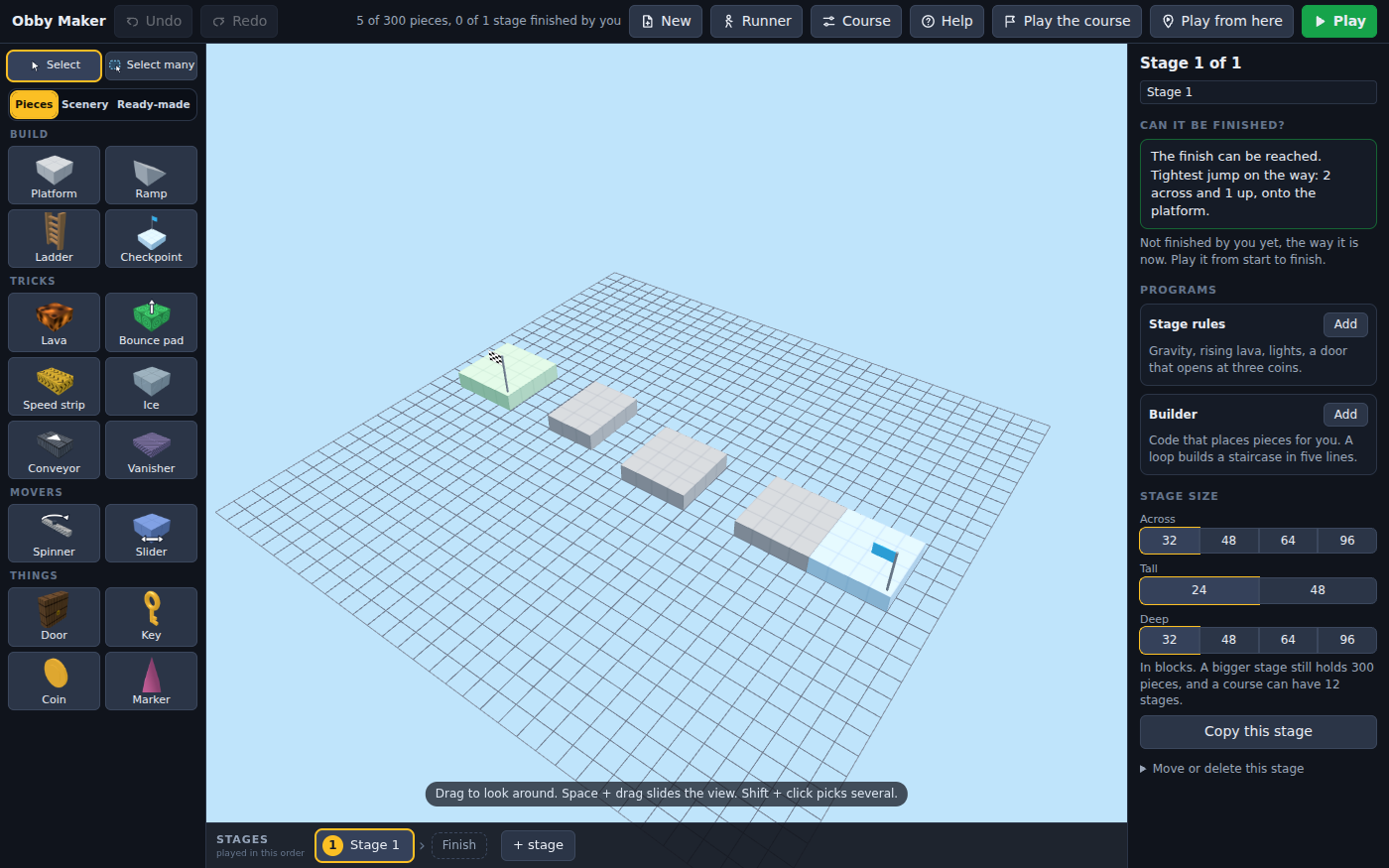 Obby Maker's editor with the starter stage: a green start pad, three grey platforms and a pale blue finish pad on a grid under a sky. On the left, the piece palette: platform, ramp, ladder, checkpoint, lava, bounce pad, speed strip, ice, conveyor, vanisher, spinner, slider, door, key, coin and marker. On the right, Can it be finished? reads: The finish can be reached. Below it, Stage rules and Builder cards, and the stage size in blocks.