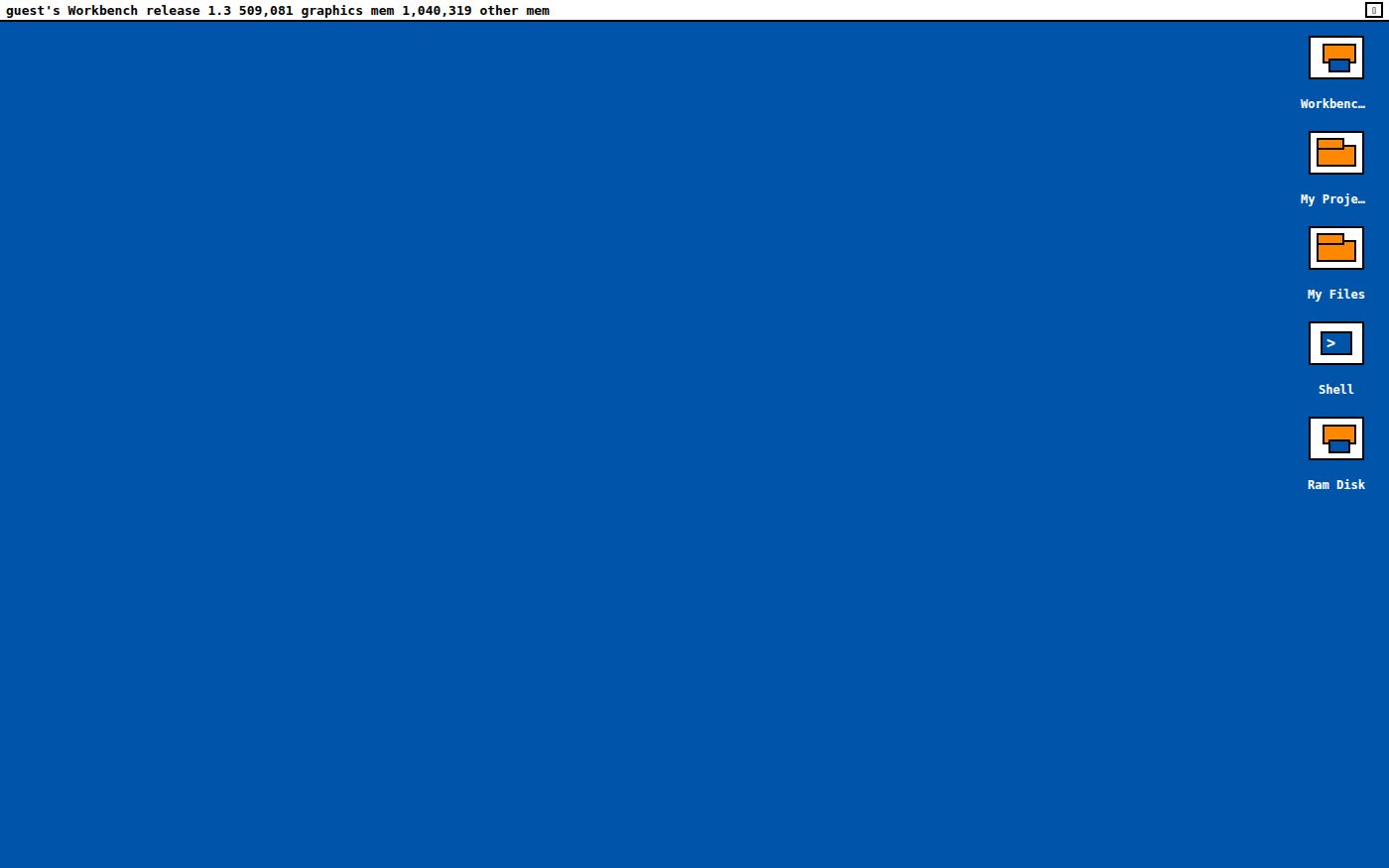 The Amiga Workbench 1.3 screen, blue, with a title bar showing free graphics and other memory, and icons for Workbench, My Projects, My Files, Shell and Ram Disk.