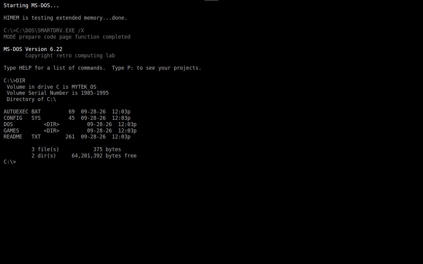 MS-DOS 6.22 after the DIR command, listing AUTOEXEC.BAT, CONFIG.SYS, the DOS and GAMES directories and README.TXT, with bytes free, then the C prompt.