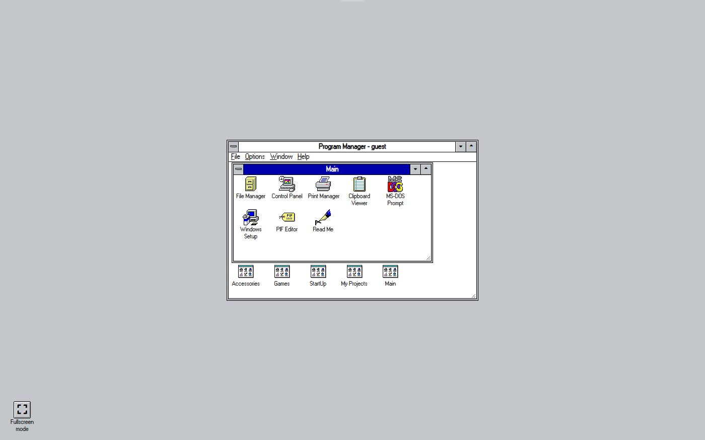 Windows 3.1 Program Manager titled Program Manager guest, with icons for File Manager, Control Panel, Print Manager, Clipboard Viewer and MS-DOS Prompt, and groups for Accessories, Games, StartUp and My Projects.