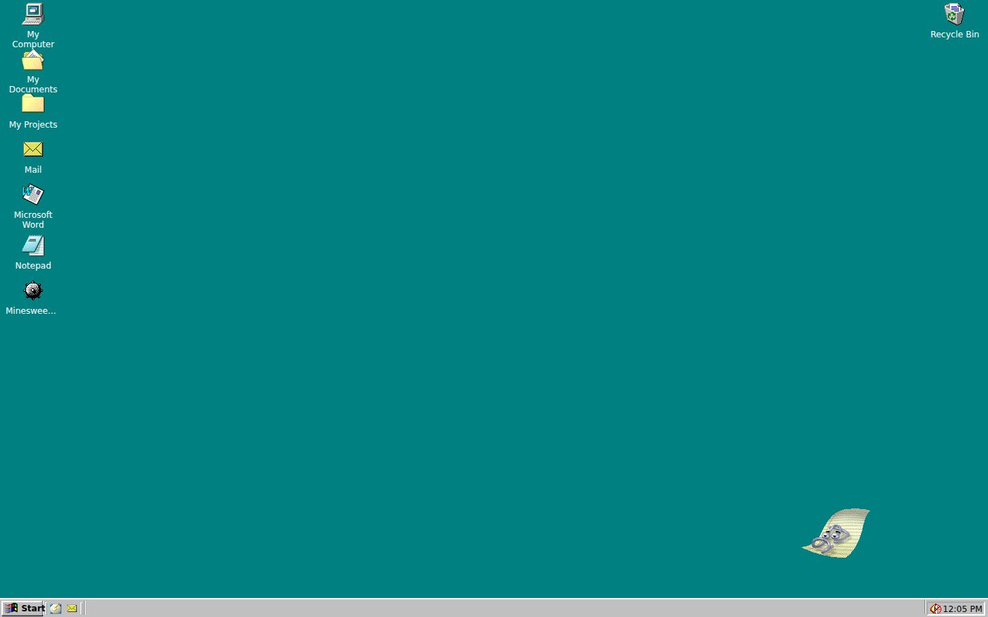 A Windows 98 desktop on teal with icons for My Computer, My Documents, My Projects, Mail, Microsoft Word, Notepad and Minesweeper, the Recycle Bin, and the Start button on the taskbar.
