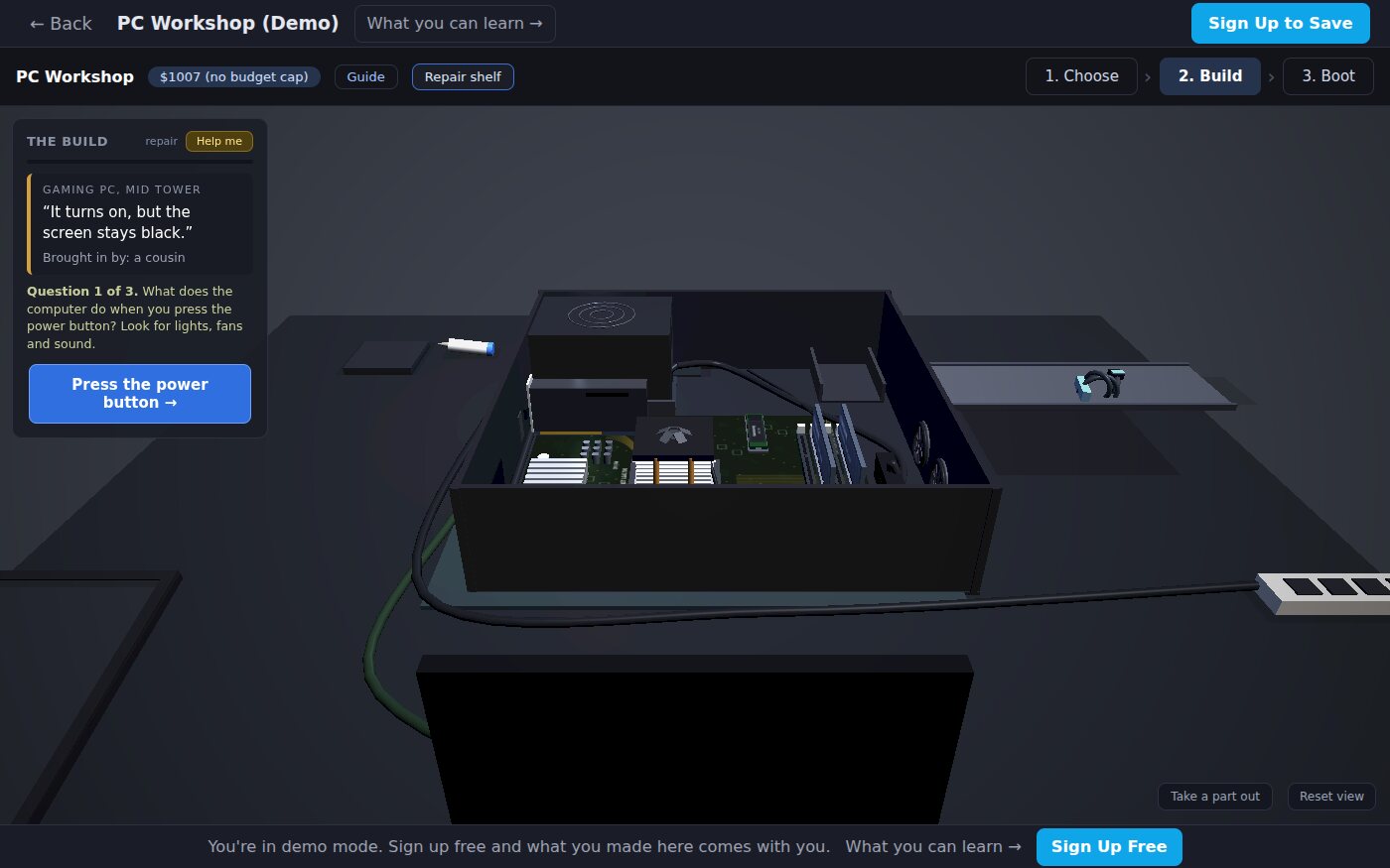 A gaming PC on the 3D bench in its case with the side panel off. The panel beside it shows the tag, It turns on, but the screen stays black, brought in by a cousin, then Help's first question: What does the computer do when you press the power button? Look for lights, fans and sound. A button reads Press the power button.
