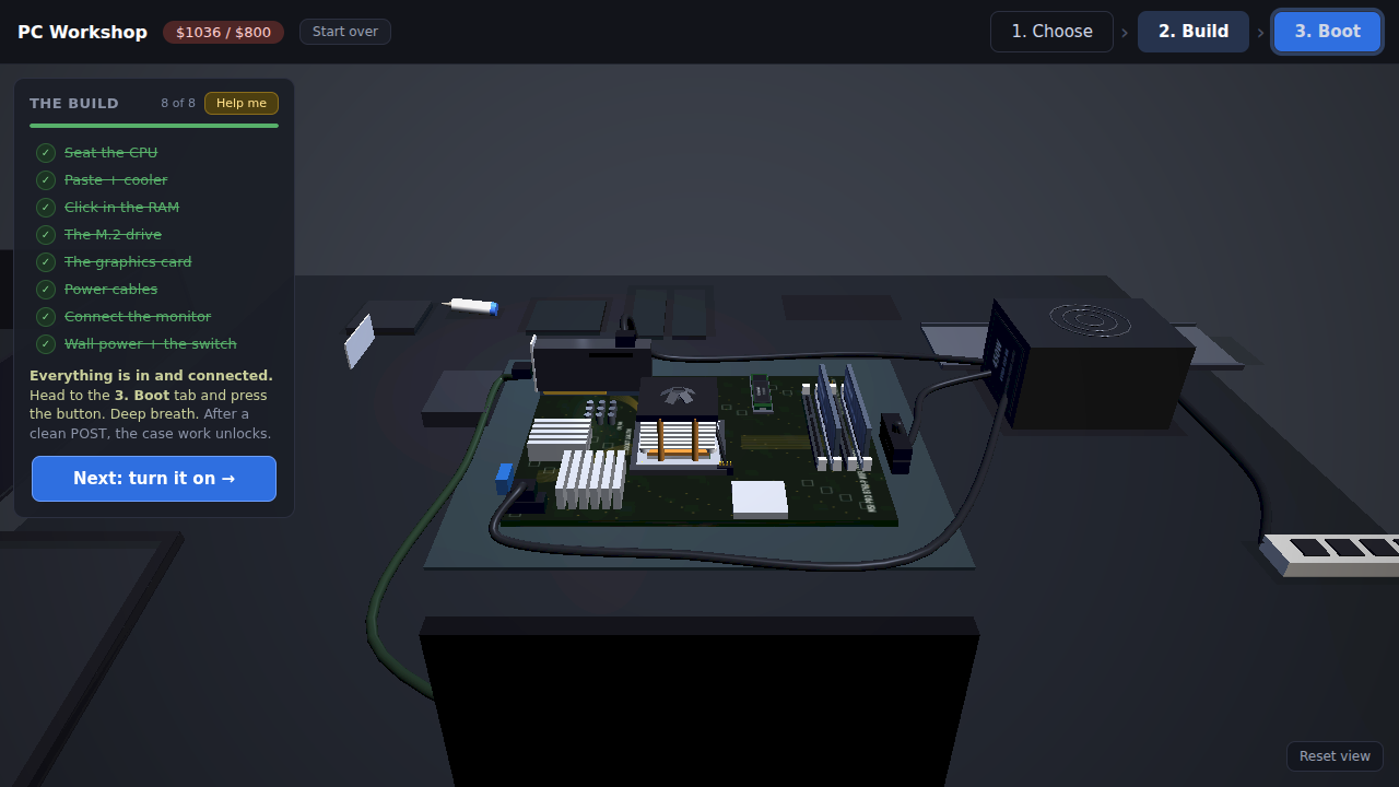 The Build tab. A motherboard lies on the bench with the CPU cooler, memory and graphics card fitted and the power cables connected. The list of build steps is on the left, all marked as done.