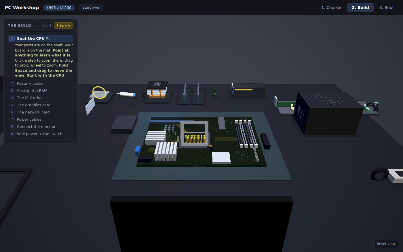 PC Workshop's 3D build bench: a motherboard on an anti-static mat, with the CPU, thermal paste, cooler, memory sticks, graphics card and power supply laid out on the desk, and a nine-step build list starting with Seat the CPU.