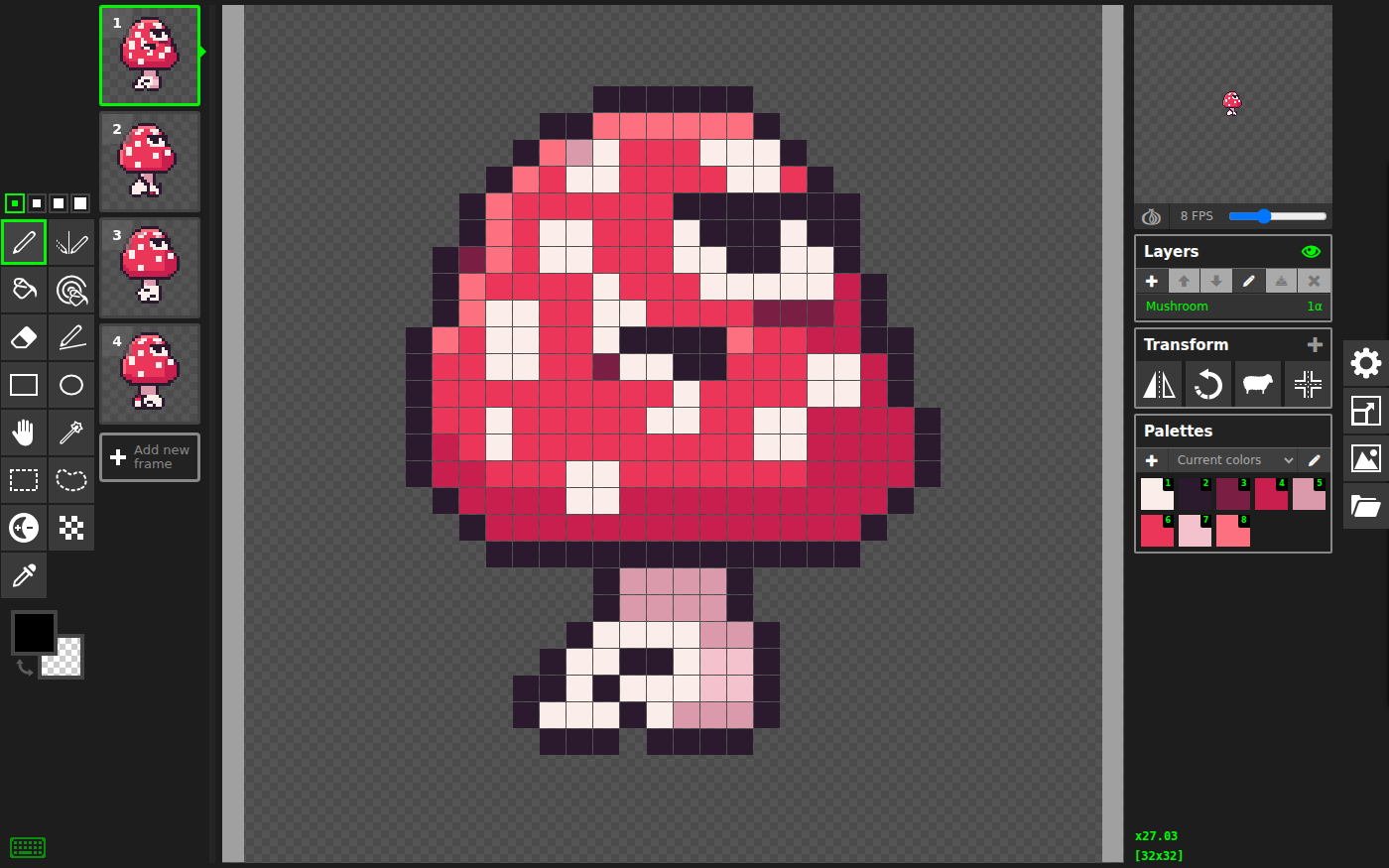 PixelArt open on a 32 by 32 red mushroom with white spots and small feet. Its four walk frames are stacked on the left, the drawing tools beside them, and on the right a live preview at 8 frames a second, the layers panel, and a palette of the sprite's own colors.