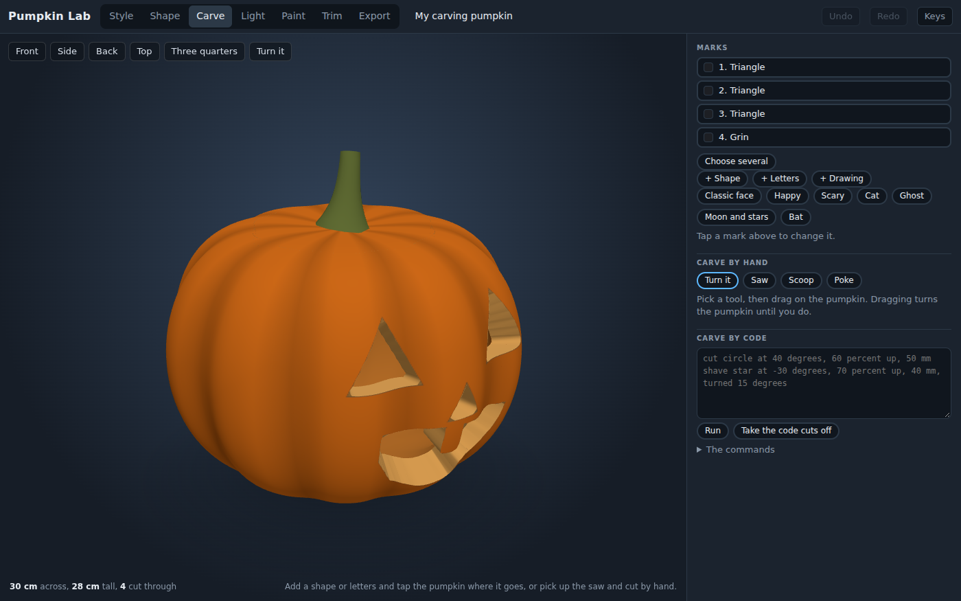 Pumpkin Lab's Carve bench with the starter carving pumpkin in 3D: an orange ribbed pumpkin with triangle eyes, a triangle nose and a jagged grin cut through it, the stem leaning to one side. Buttons above it turn the view. On the right, the list of four cuts, a row that says Cut through, Shave the skin or Paint only, and the hand tools: Saw, Scoop and Poke.