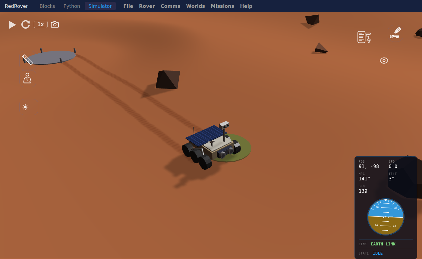 RedRover's 3D view of the Mars Yard: a six-wheeled rover with a solar panel and a mast camera parked on a round green science target, its wheel tracks running back across orange sand to the gray landing pad. A dark rock sits beside the path, and a panel in the corner reads position 91, -98, speed 0.0, Earth link, idle.