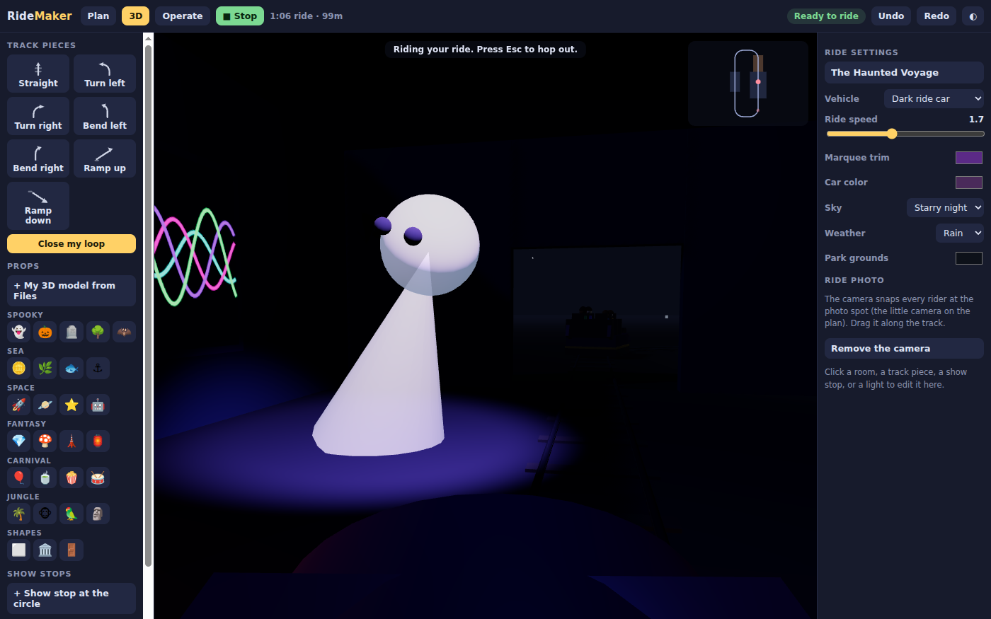 RideMaker in ride mode: a first-person view inside a dark purple room, where a white cartoon ghost stands in a pool of violet light beside glowing neon squiggles on the wall. A small map at the top right shows the car's place on the loop, and the side panels list track pieces, props by theme, and ride settings such as vehicle, sky and weather.
