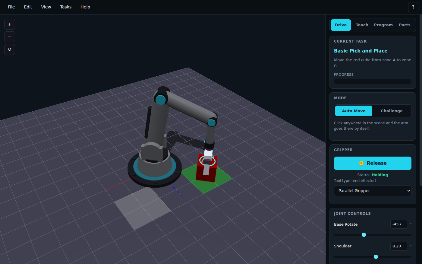 The Robotic Arm Simulator: a grey six-joint industrial arm on a round base, holding a red cube in its gripper over a green square on a gridded table, with a pale square where the cube started. The right panel shows the task Basic Pick and Place, Auto Move mode, a Release button with the status Holding, and joint angle controls.