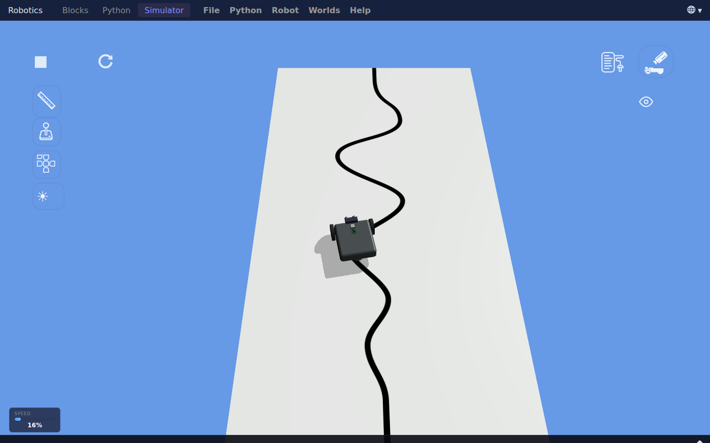 The Robotics simulator's 3D view of the Line Following world: a long white mat with a curvy black line running its length, and a small gray two-wheeled robot on the first curve, turned to follow the line. Run and Reset buttons sit top left and a speed gauge bottom left reads 16%.