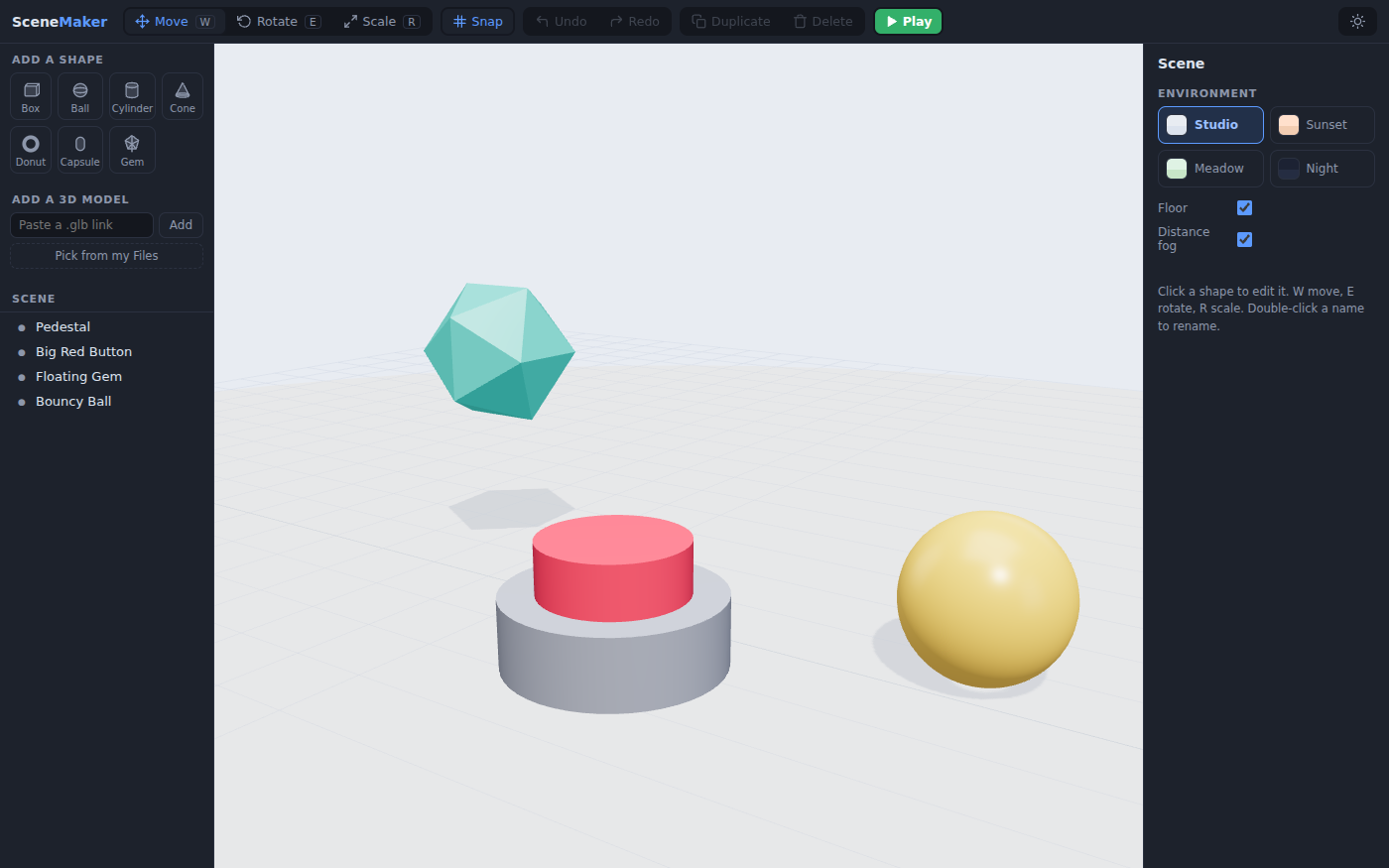 SceneMaker with a soft-lit 3D scene: a big red button on a grey pedestal, a teal faceted gem floating above, and a pale yellow ball. The left panel has buttons for shapes like Box, Ball, Cone, Donut and Gem and a Scene list; the right panel offers environments named Studio, Sunset, Meadow and Night.