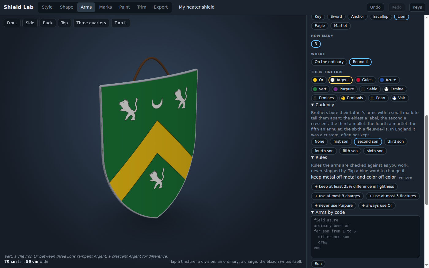 Shield Lab's Arms bench with a knight's shield in 3D: a green field, a gold chevron, three silver lions standing on one hind leg, and a small silver crescent at the top. On the right are the buttons for the charges, how many, where they go, their tincture, and the six sons' marks. The blazon is written under the shield.