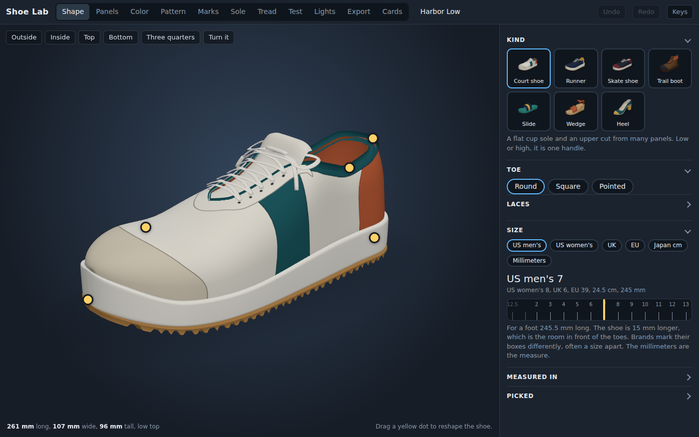 Shoe Lab's Shape bench with the starter court shoe in 3D: a white leather upper with a teal saddle stripe, a rust heel, a suede toe overlay and a white cup sole with a gum rubber tread. Yellow dots on the shoe are handles for reshaping it. On the right, the seven kinds (court shoe, runner, skate shoe, trail boot, slide, wedge and heel) and the size panel reading US men's 7, which is US women's 8, UK 6, EU 39.