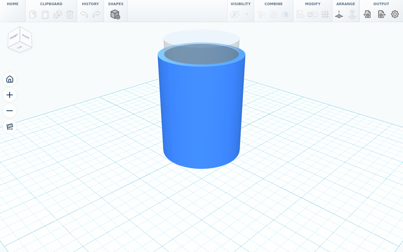 SketchForge with a blue cylinder standing on a light blue grid workplane, and a translucent grey hole cylinder poking out of its top. A toolbar across the top has groups for Clipboard, History, Shapes, Visibility, Combine, Modify, Arrange and Output, and a view cube sits at the top left.