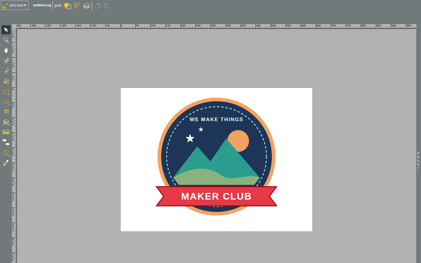 SVG-Edit with a round club badge in the middle of a white page: a navy circle with a thick orange rim and a dashed light blue ring inside it, the words WE MAKE THINGS across the top, two small white stars, an orange sun behind two teal mountains, a light green hill in front of them, and a red ribbon across the bottom that reads MAKER CLUB in white. Drawing tools run down the left side, rulers frame the page, and editing buttons run across the top.
