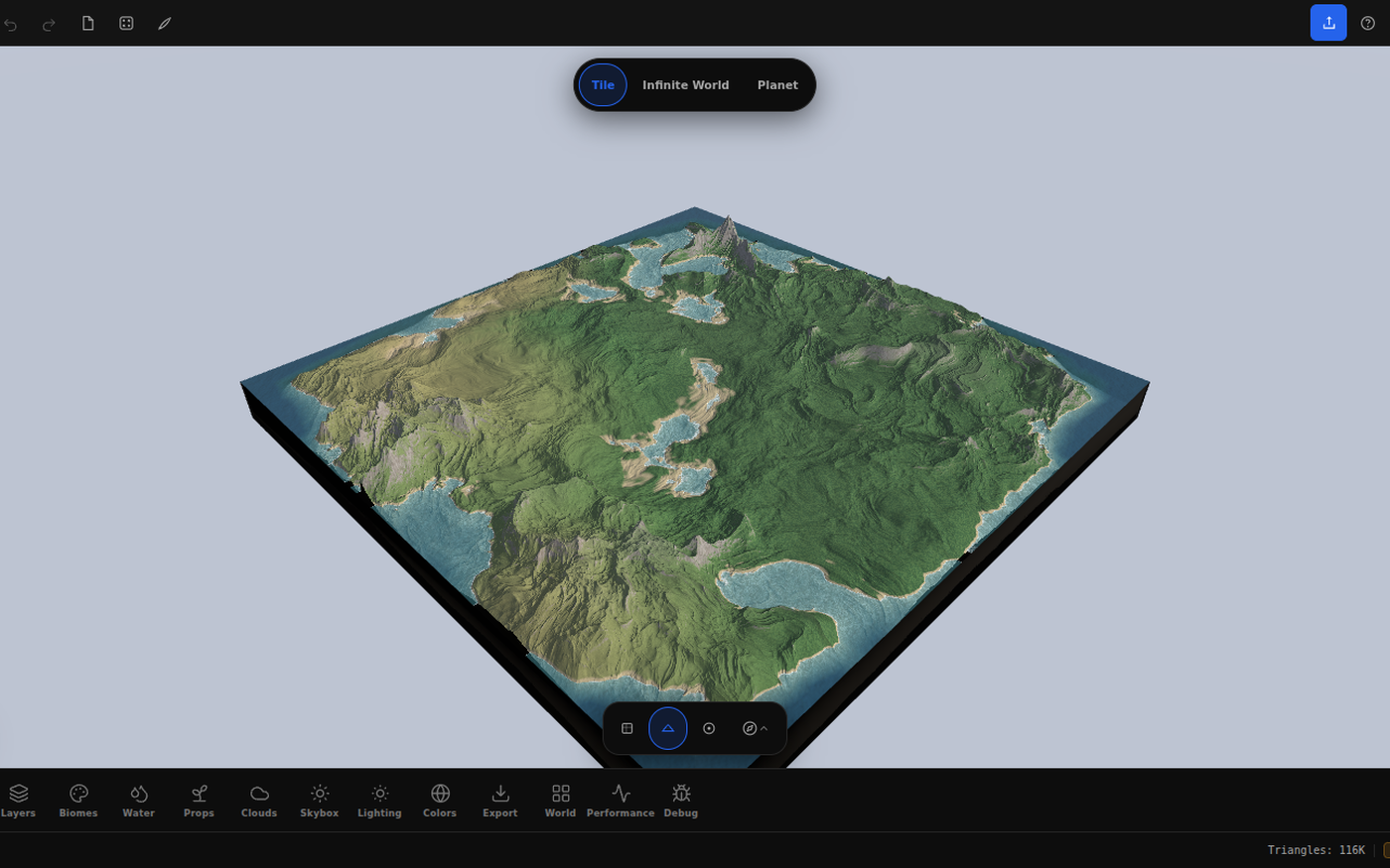 Terrain Studio showing a 3D island on a square tile: green forested hills, one grey rocky peak at the back, a chain of blue lakes through the middle, and bays of shallow water around the coast. Buttons for Tile, Infinite World and Planet sit above it, and a row of panels runs along the bottom: Terrain, Layers, Biomes, Water, Props, Clouds, Skybox, Lighting and more.