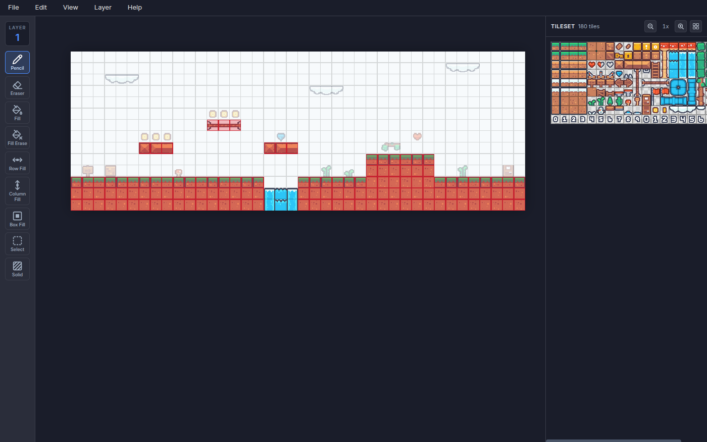 The Tilemap Editor with Grassy Hills open: a side-view level of red earth topped with grass, a pool of blue water in a gap, floating brick platforms with coins above them, clouds, and a raised hill on the right. A column of tools runs down the left, from Pencil to Solid, and the tileset sheet it is built from sits on the right.