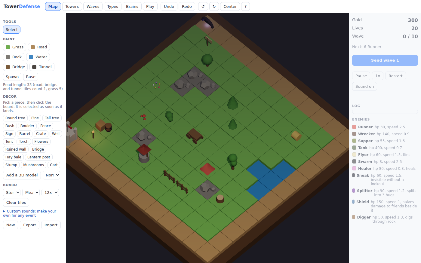 Tower Defense Maker's Map tab with a level in 3D on a raised board: a brown road running round the edge of a green field, gray rock patches, a blue pond, trees, a well, a cart, a fence and a castle at one corner as the base. On the left the tools: paint Grass, Road, Rock, Water, Bridge or Tunnel, place the Spawn and the Base, a note that the road is 33 tiles long, and decor pieces from trees and boulders to a tent, a torch and a cart, with Add a 3D model. On the right: Gold 300, Lives 20, Wave 0 of 10, the next wave 6 Runners, a Send wave 1 button, and the eleven enemies with their health and speed.