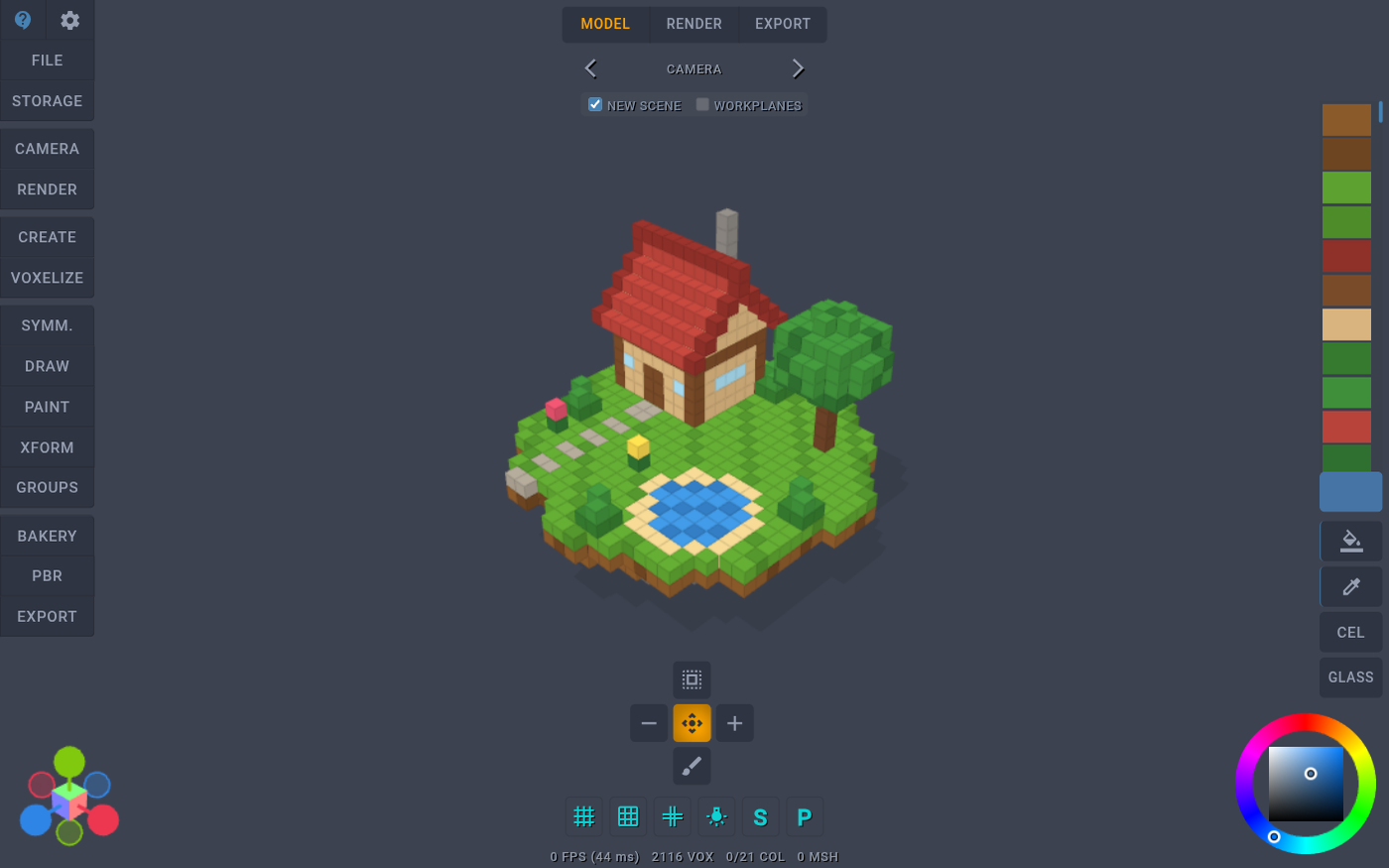 Voxel Art with a small floating island in the middle of a dark gray workspace: a cottage with a red stepped roof, a chimney and blue windows, a round green tree, bushes, a flower, stepping stones and a blue pond with a sand edge, all made of small cubes, over brown dirt layers. Tool menus run down the left side, a strip of color swatches and a color wheel are on the right.