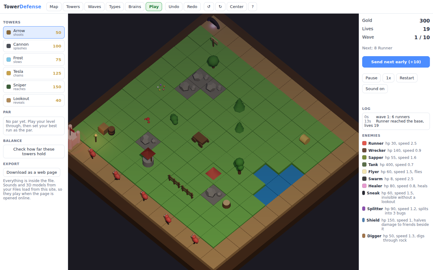 The Play tab during wave 1 of 10, with no towers built yet: a line of red runners walking the road toward the castle, Lives down to 19, and the log saying a runner reached the base. On the left the towers to buy, Arrow 50 that shoots, Cannon 100 that splashes, Frost 75 that slows, Tesla 125 that chains, Sniper 150 that reaches and Lookout 40 that reveals, with Par, a Balance check and Download as a web page.