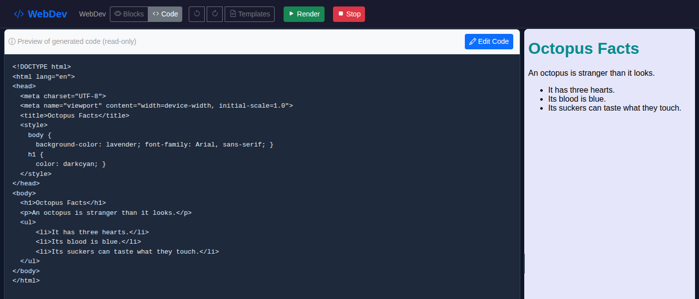 The starter page after one change, with the Code tab open. On the left, the generated code from <!DOCTYPE html> to </html>, where the body rule now reads background-color: lavender; font-family: Arial, sans-serif; and the h1 rule still reads color: darkcyan. On the right, the rendered page has turned from pale yellow to light purple, with the same heading, sentence and three facts.